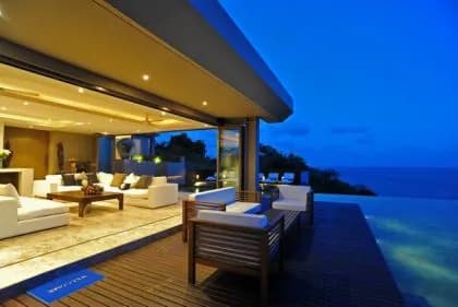 Lounge and pool at dusk
